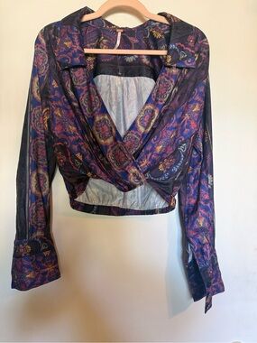Free People Purple Paisley Satin Wrap Crop Top